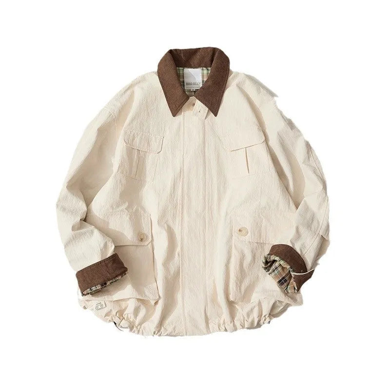 Green or apricot unisex casual jacket with long sleeves and side seam pockets