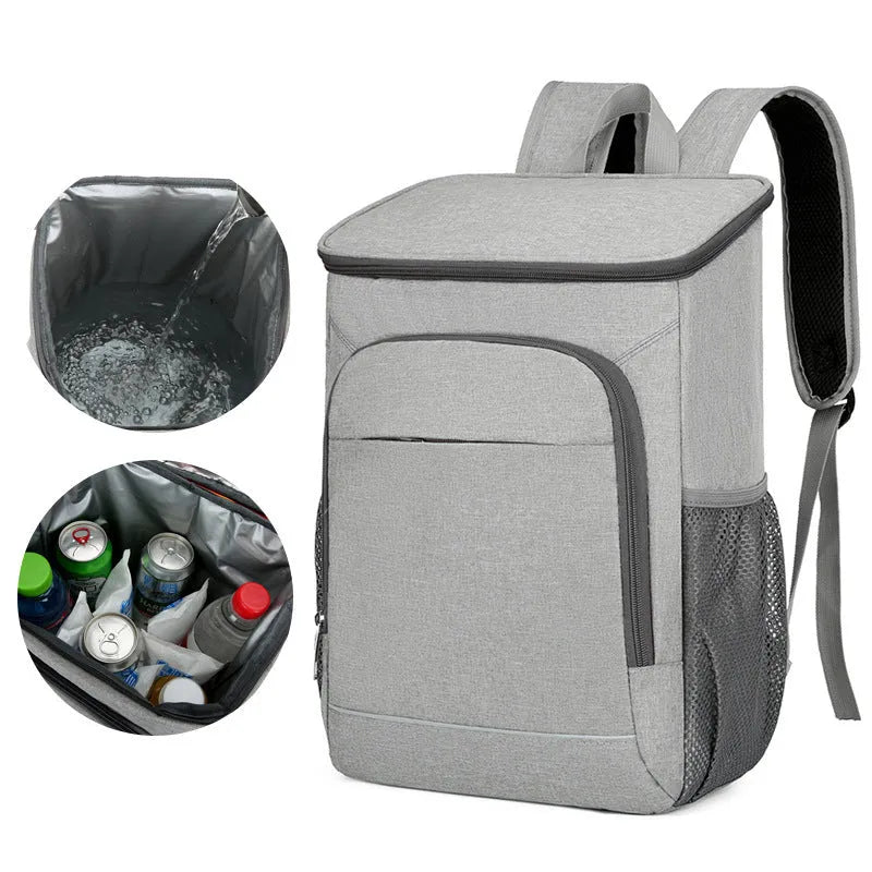 Large black Oxford cloth outdoor backpack with curved shoulder straps, shown open to reveal compartments.