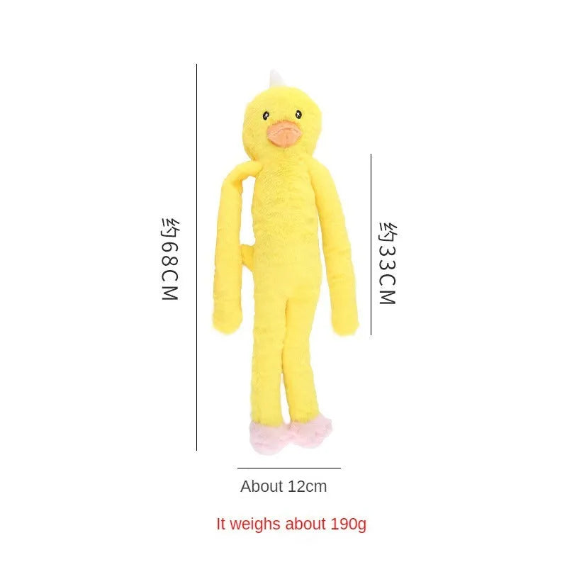 Large pink and yellow plush dog toy with squeaky rattle sounds for golden retrievers