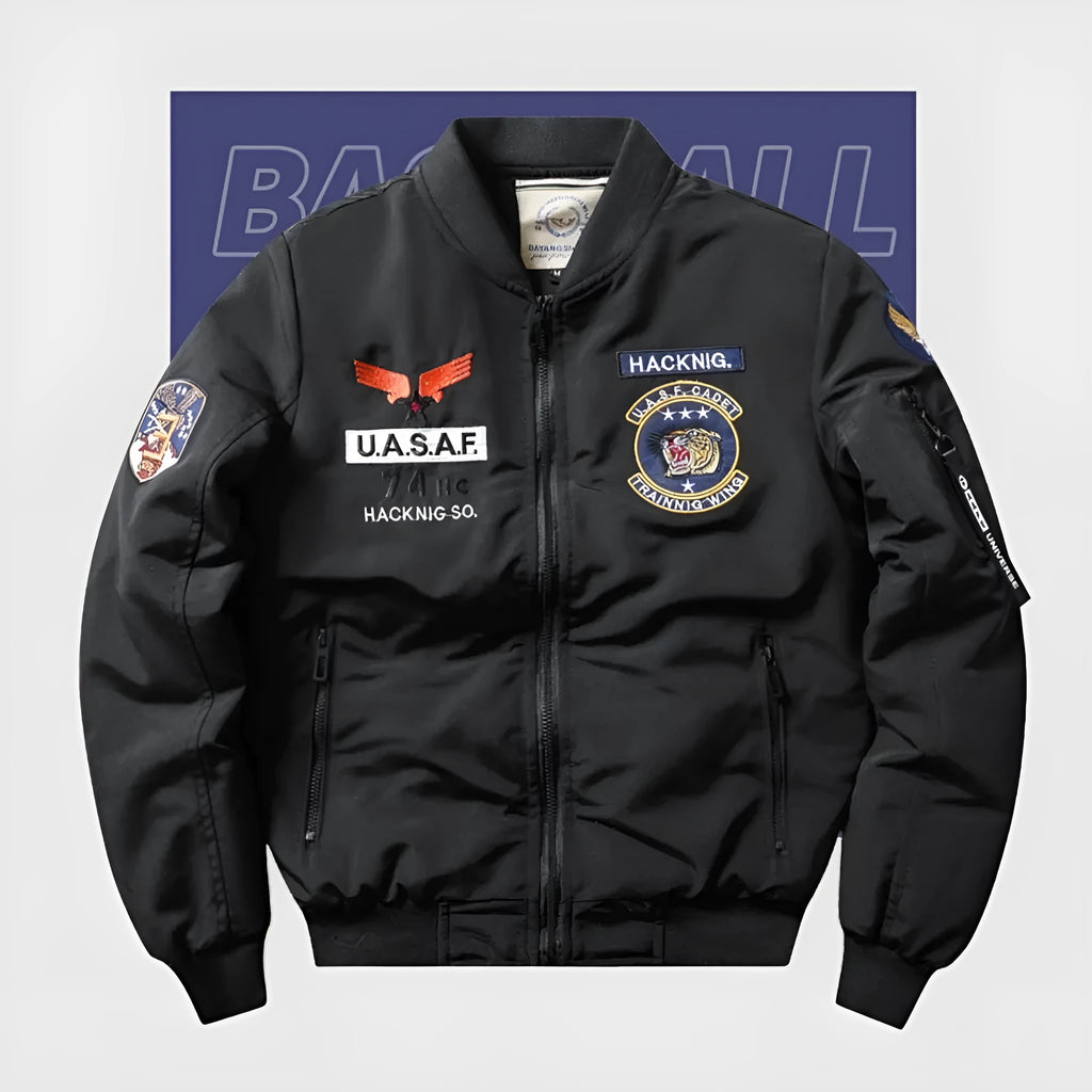 Men's blue retro cotton-padded coat with stand collar, embroidery, and patch pockets.