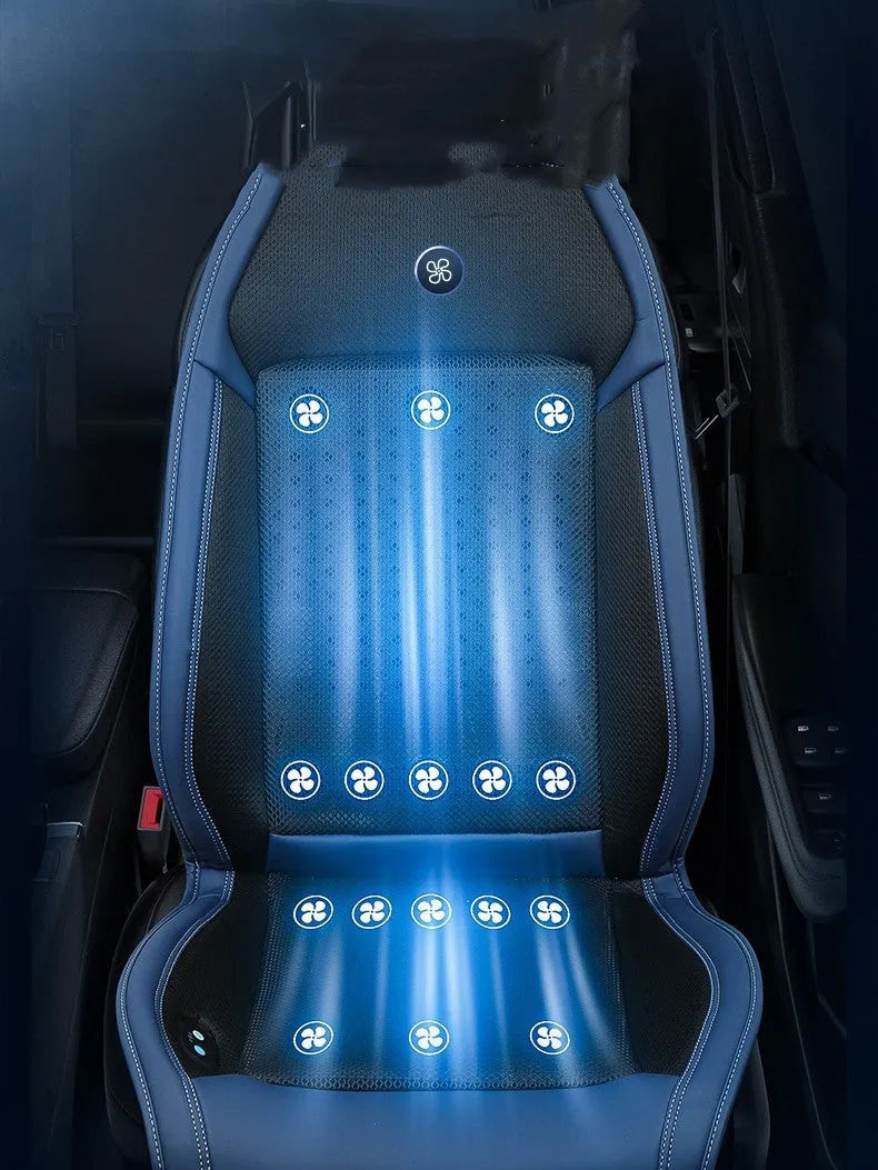 Car seat cooling pad with USB ventilation and massage functions in minimalist solid colour design