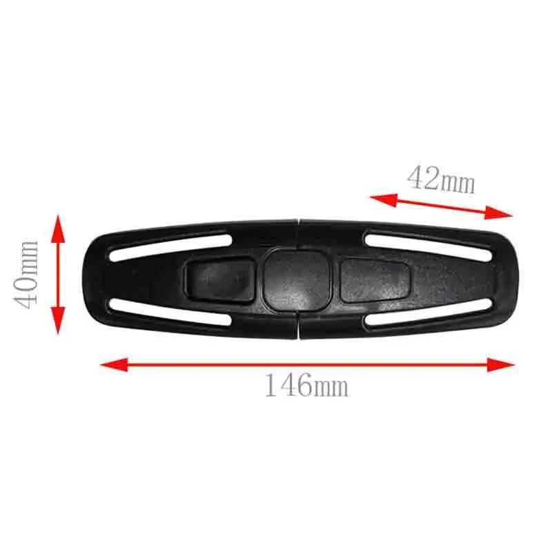 Black PA66 nylon child safety seat buckle clip for 5-point harness systems measuring 14.5cm by 4cm
