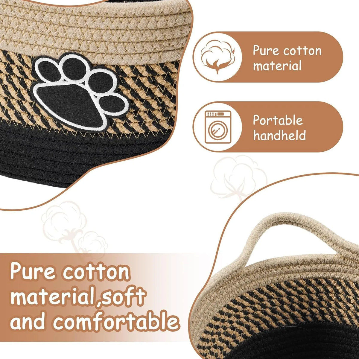 Small light beige handwoven cotton rope storage basket with wooden handle on a wooden table.