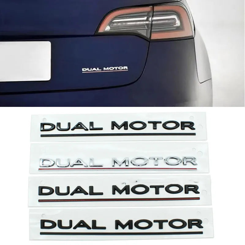 Tesla Model 3 dual motor performance badge sticker in matte black with red stripe, 19cm long.