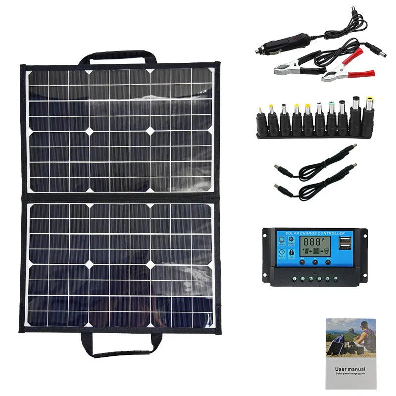 Black 40W folding solar panel in portable bag showing compact 425x285mm folded size