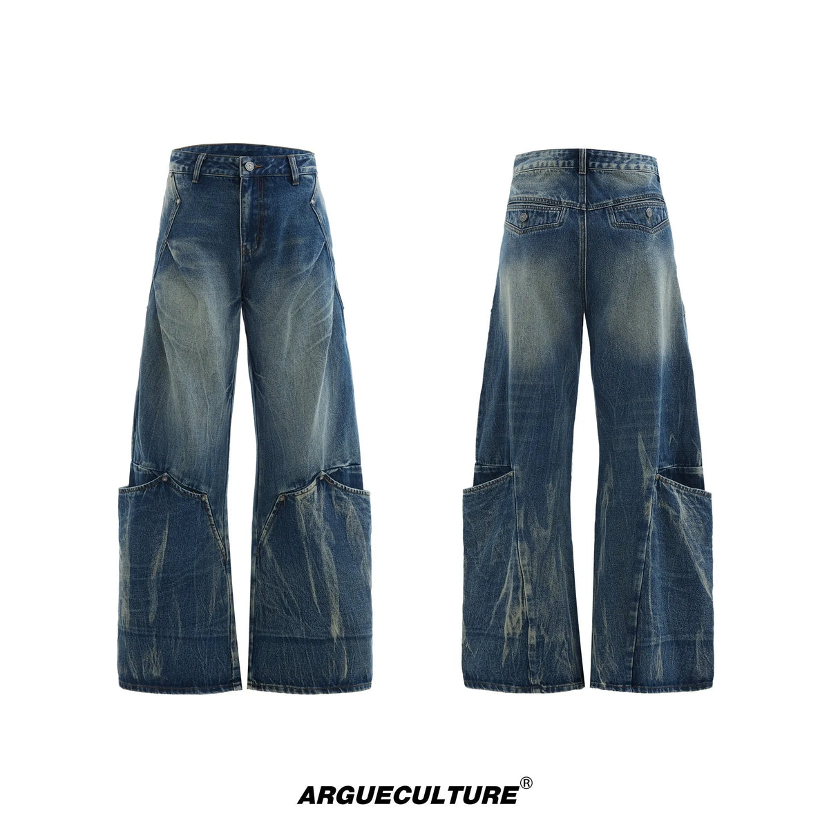 Men's verdant blue loose fit jeans showcasing a retro washed burst pattern and curved knife design details.