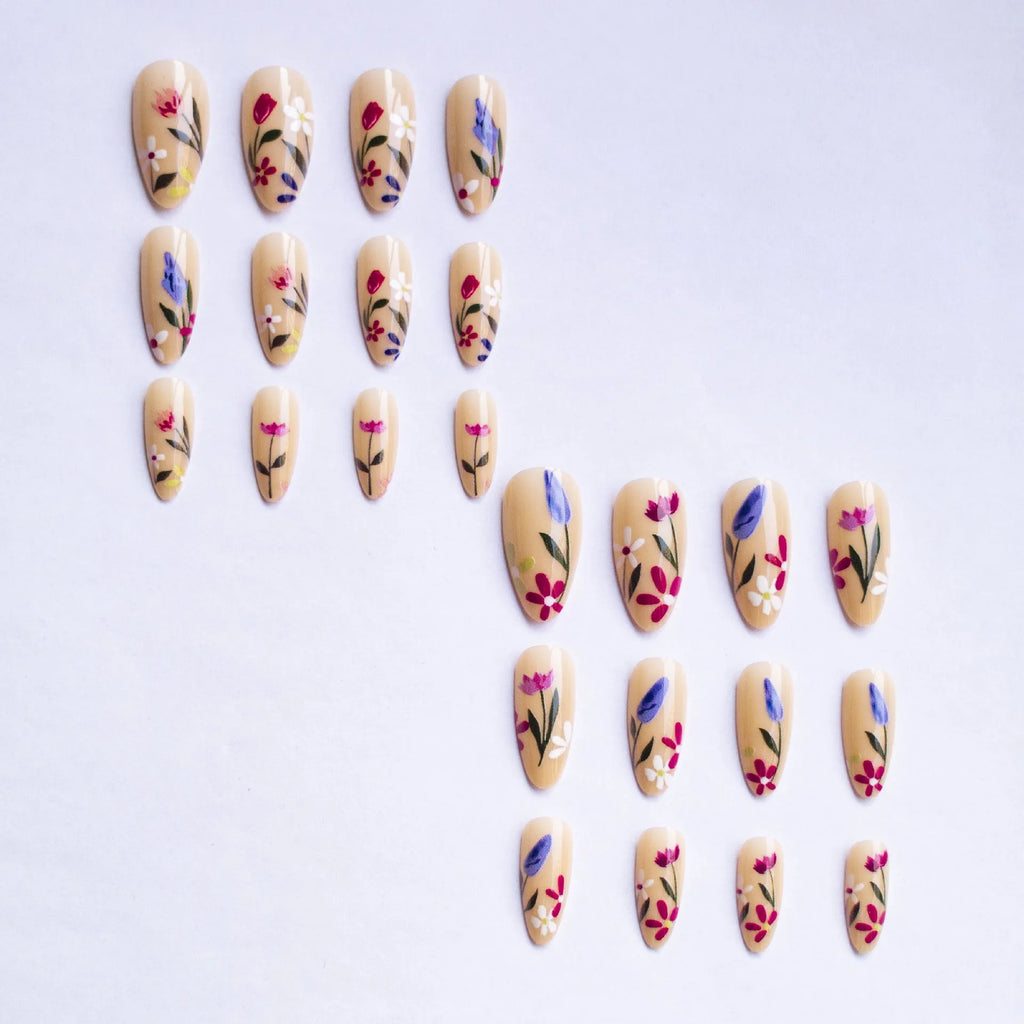 Almond-shaped European style nail art strips with removable flower armour design in solid colour options