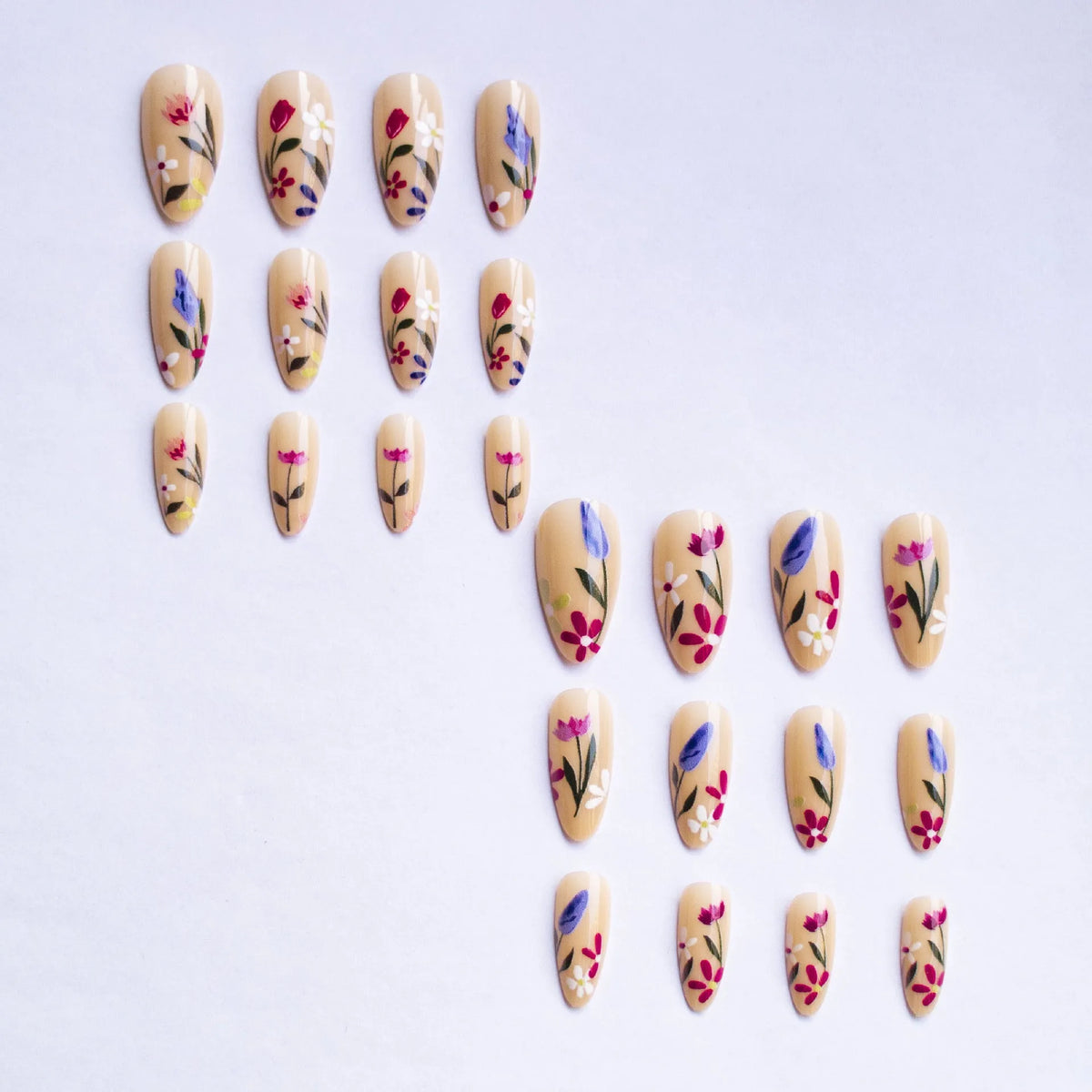 Almond-shaped European style nail art strips with removable flower armour design in solid colour options