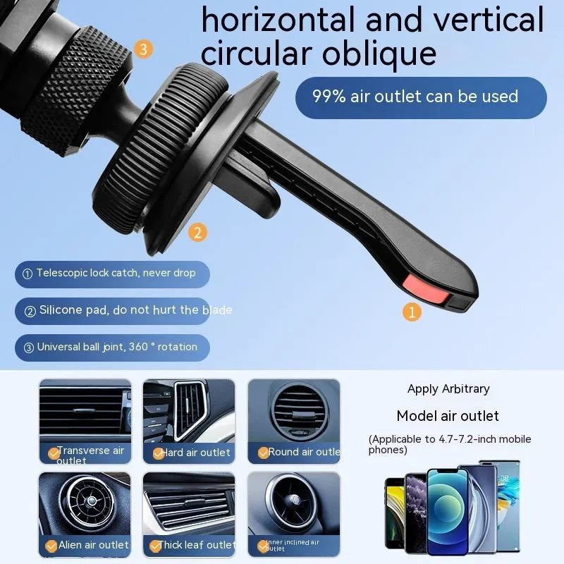 Aluminium alloy car phone holder clipped onto vehicle air vent in black colour
