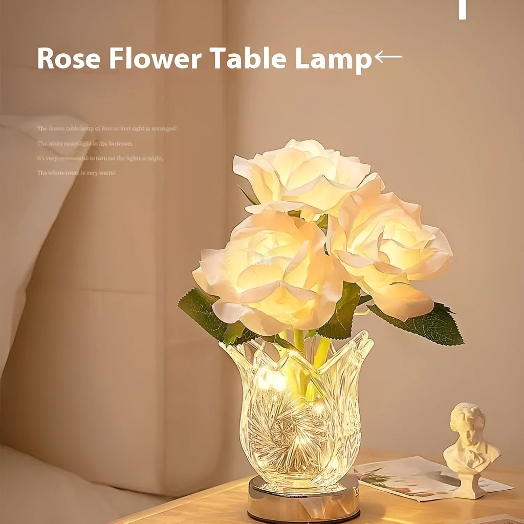 Modern crystal flowers bedside table lamp with touch dimming control on wooden surface