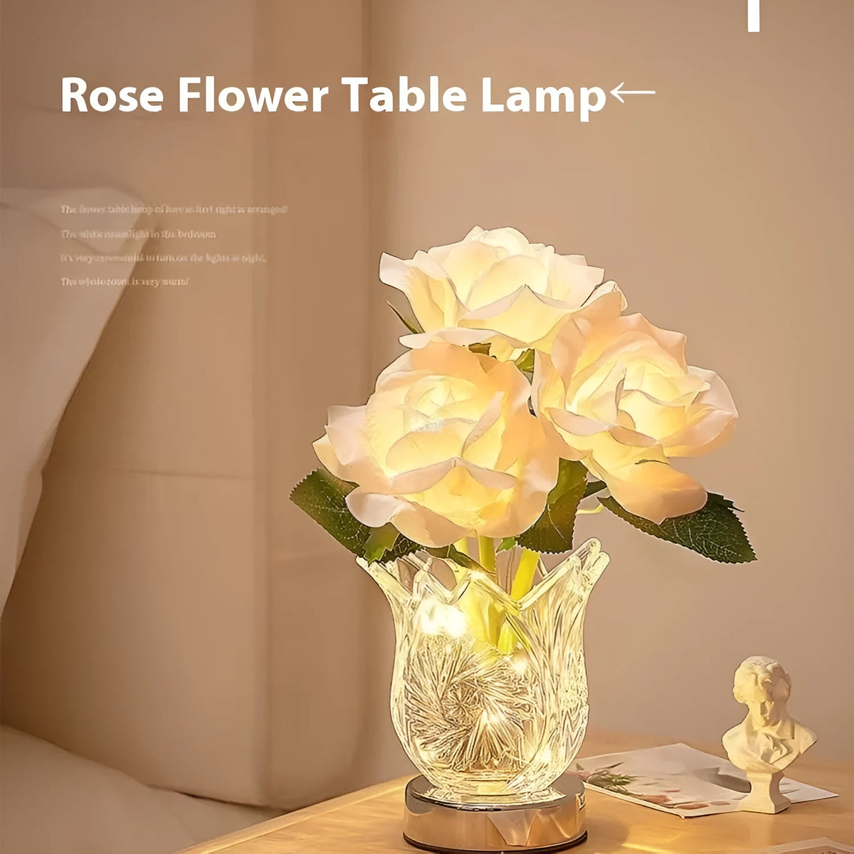 Modern crystal flowers bedside table lamp with touch dimming control on wooden surface