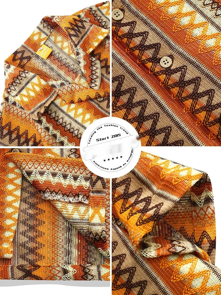 Ethnic style woven Cuban collar shirt in contrast colours with loose fit and drop shoulders.