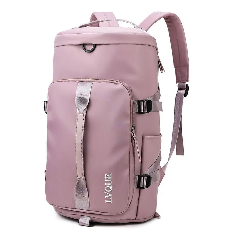 Black convertible nylon gym bag showing backpack, shoulder bag, and handbag modes with separate shoe compartment.