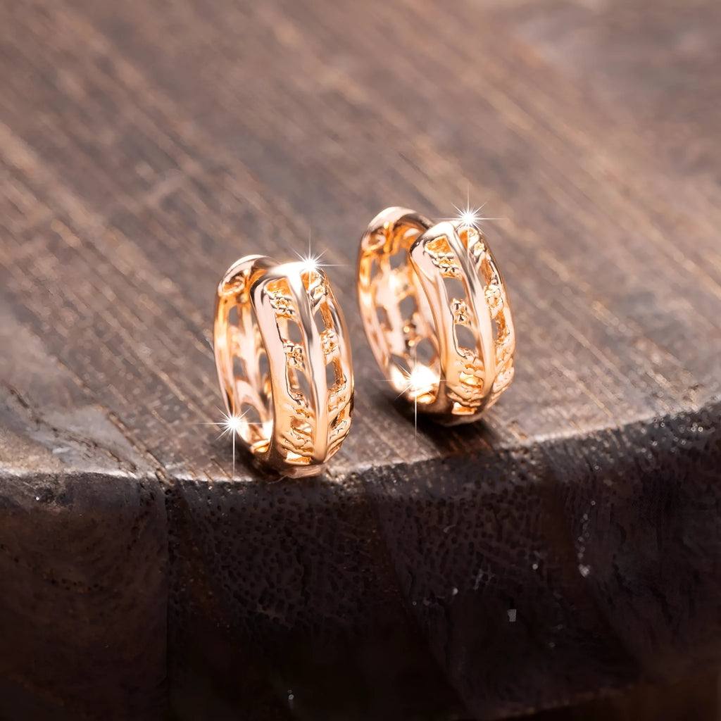 Rose gold hollowed leaf copper earrings with heart and leaf shapes