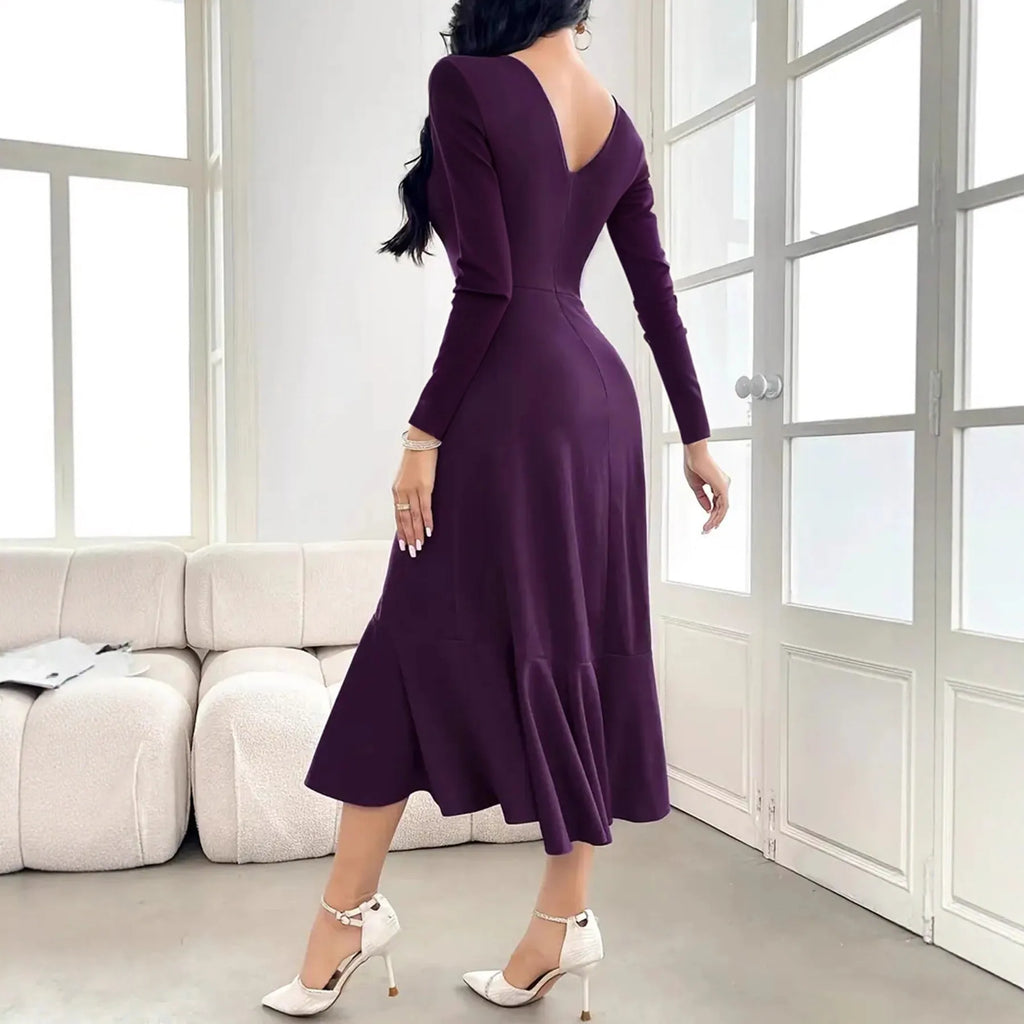 Purple women's long sleeve round neck dress with ruffle detail and mid waist