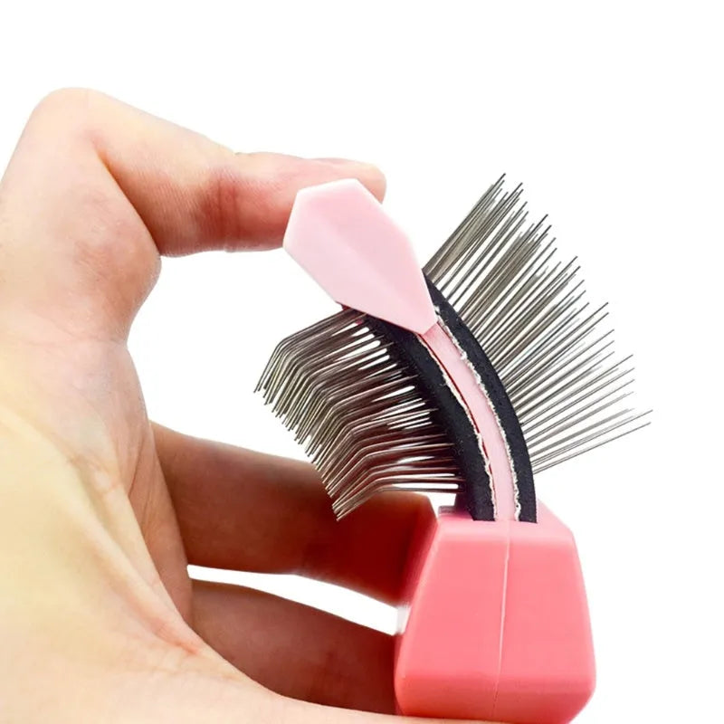 Double sided pet grooming brush with stainless steel pins and blue ABS handle shown from multiple angles