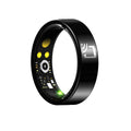 Black ceramic smart ring for health tracking on a finger, showing heart rate and SpO2 monitoring.