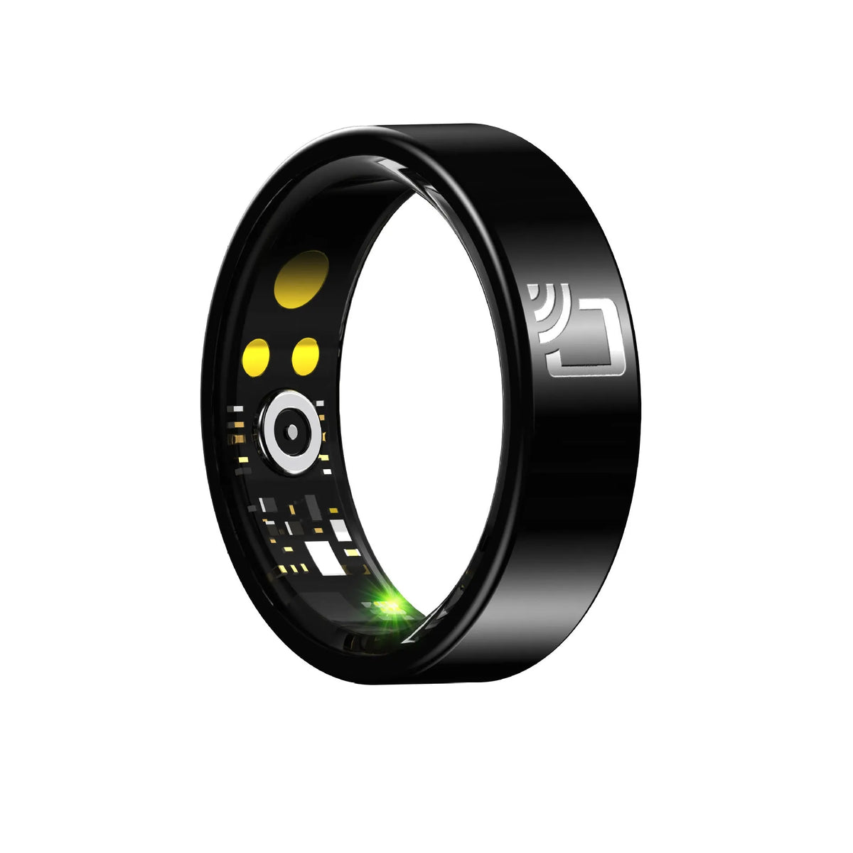 Black ceramic smart ring for health tracking on a finger, showing heart rate and SpO2 monitoring.