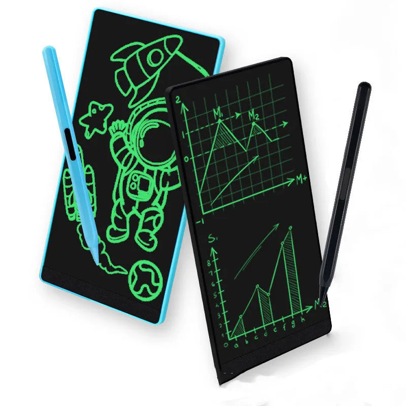 Blue and black LCD writing tablet with 6.5 inch screen and stylus for student notes.