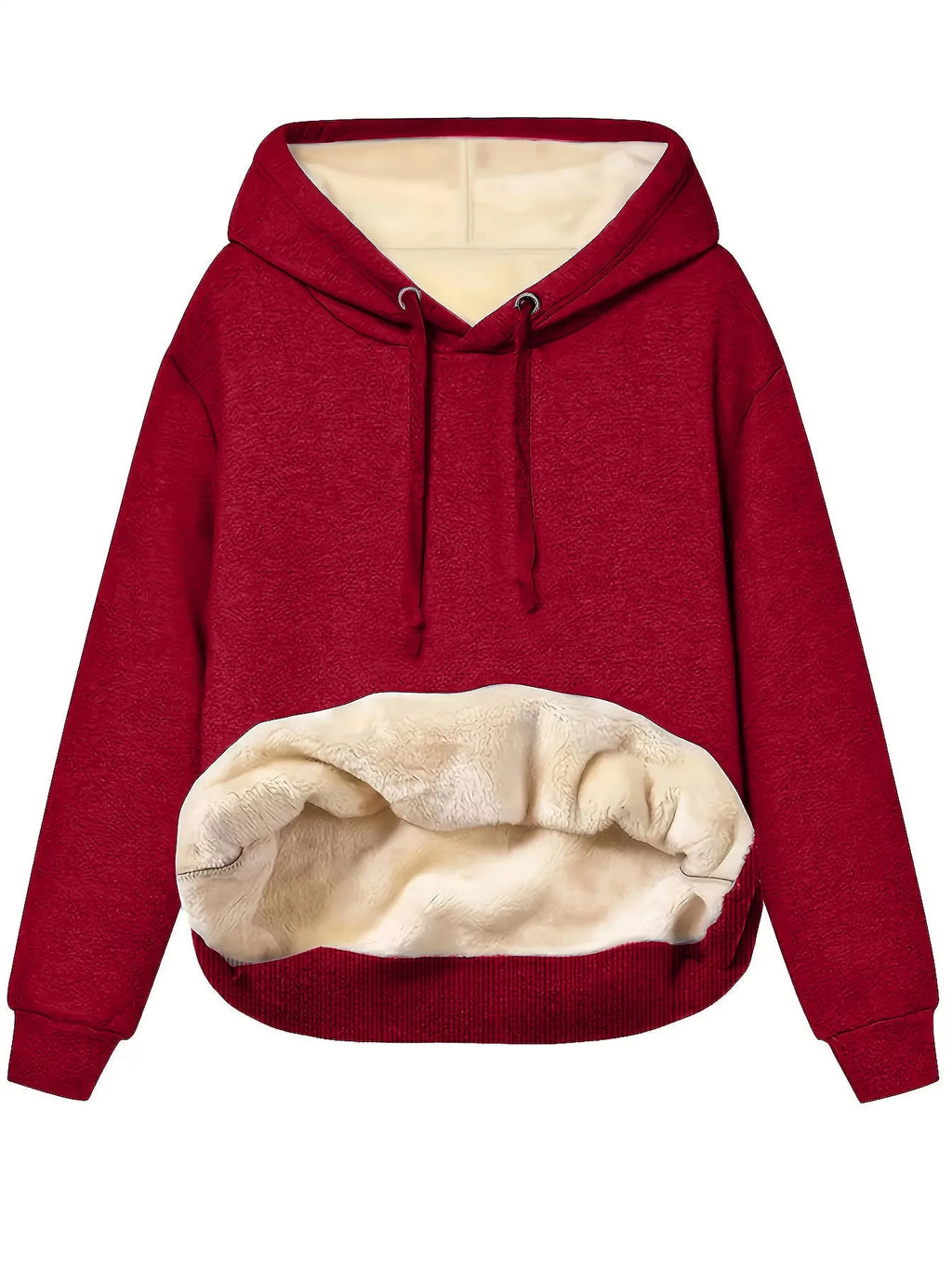 Woman wearing a loose grey hooded sweater with a front kangaroo pocket.