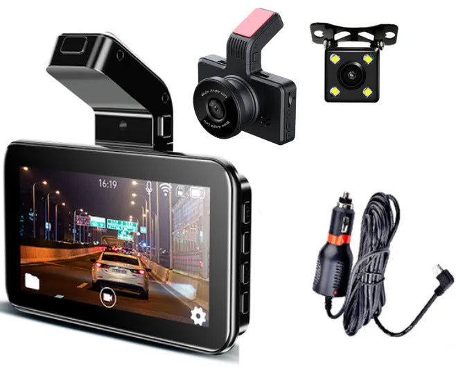3-inch HD car DVR dash camera with dual lens recording system showing front and rear camera placement