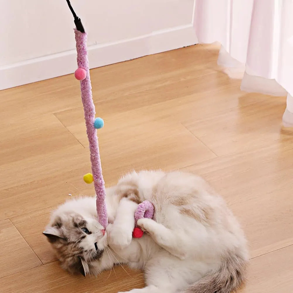 Colourful cat wand toy with plush strip and bell on 41cm pole for interactive play