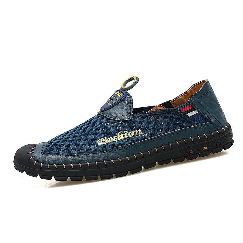 Men's brown mesh casual shoes with round toe and rubber sole on a plain background