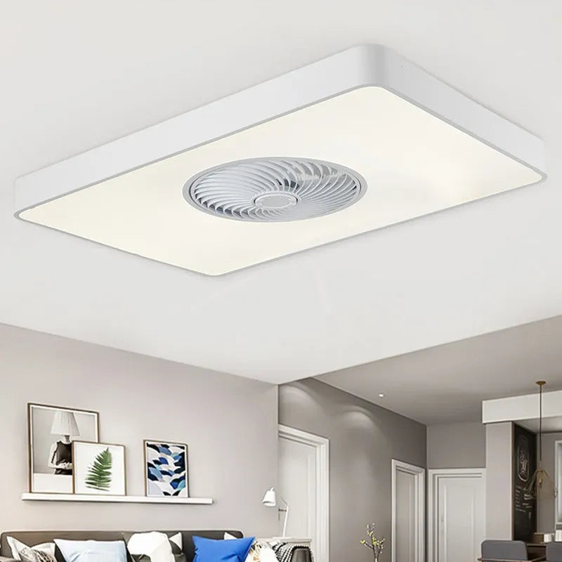 Nordic style ceiling fan and light fixture with solid wood mounting base on a white ceiling