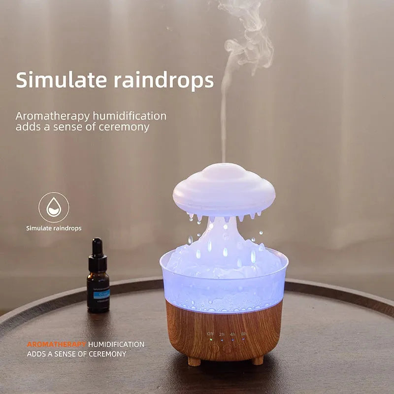 Wood grain white rain cloud shaped humidifier and essential oil diffuser with multi-colour LED night light.