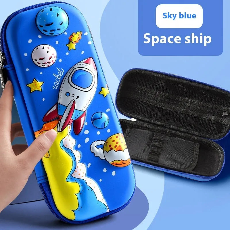 3D leather stationery box pencil case showing detailed spaceship design in black leather.
