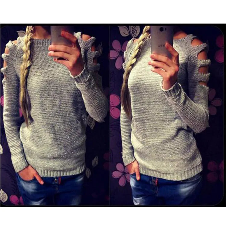 Women's solid colour knitted shirt with crocheted hollow-out design on round neck long sleeves