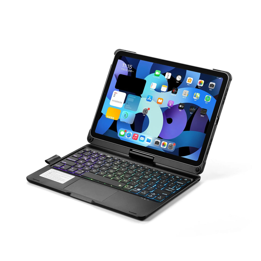 Black Bluetooth keyboard with rotating hinge for iPad, showing backlit keys and compact design.