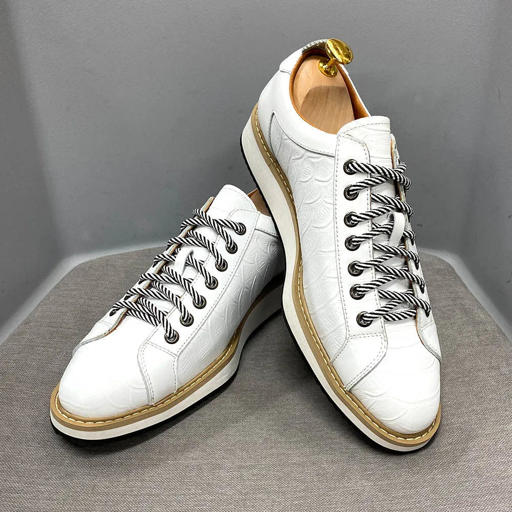 Men's handmade embossed fashion shoes with front tie closure in black, green, grey, or white.