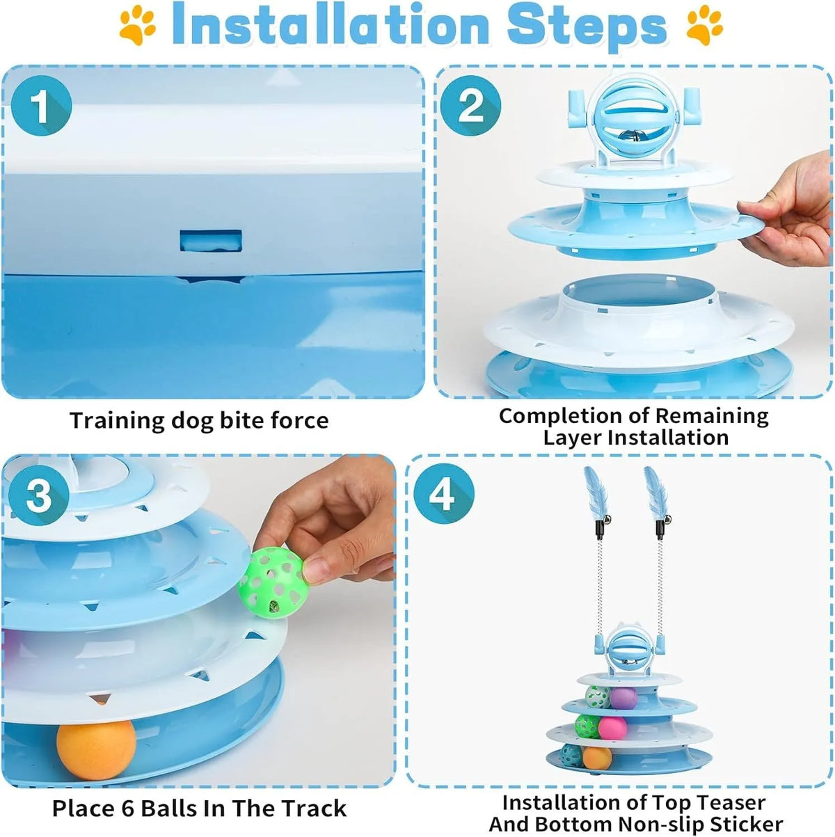 Blue 4-tier cat puzzle toy with balls and teasing rods on non-slip base