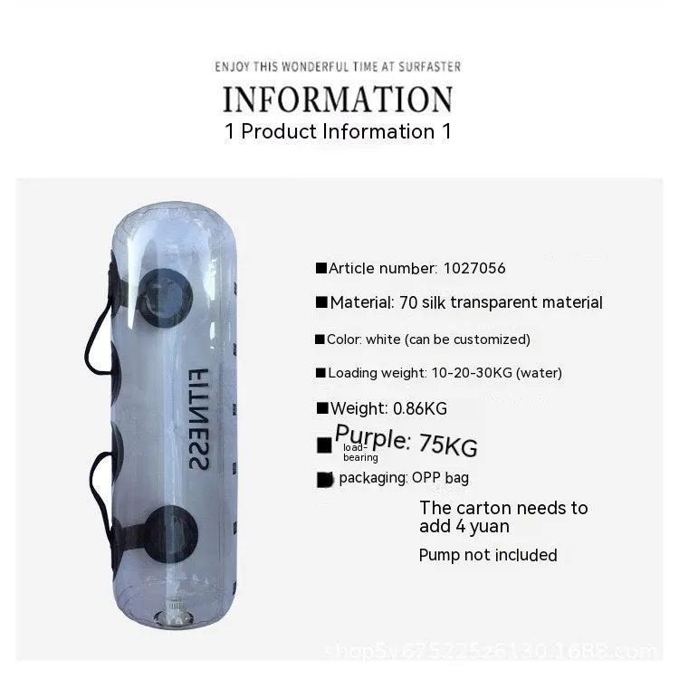 Transparent PVC water-filled training bag with inflator valve for adjustable weight resistance