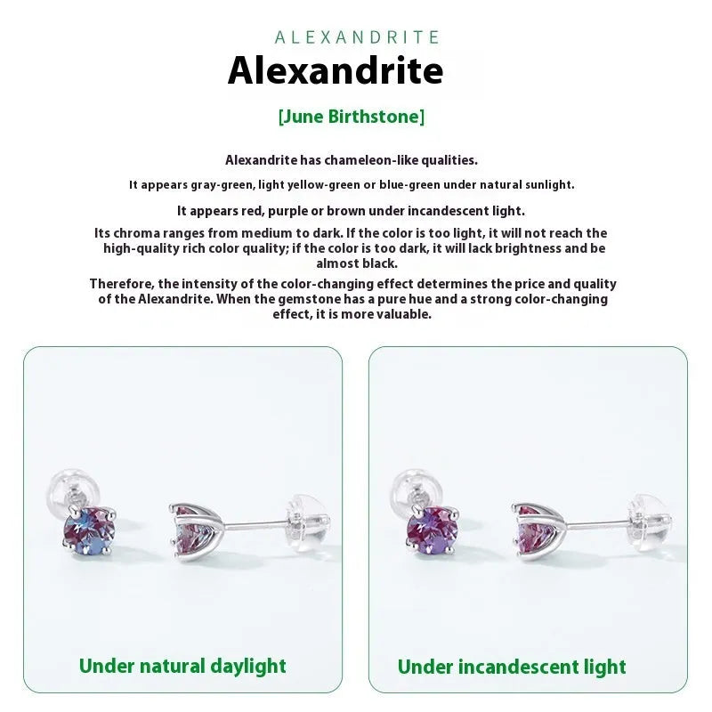 Simple style 925 silver ear studs with geometric round cultivate Alexandrite stones