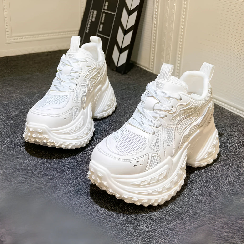 Women's white height increasing dad shoes with super high heel platform and lace-up closure