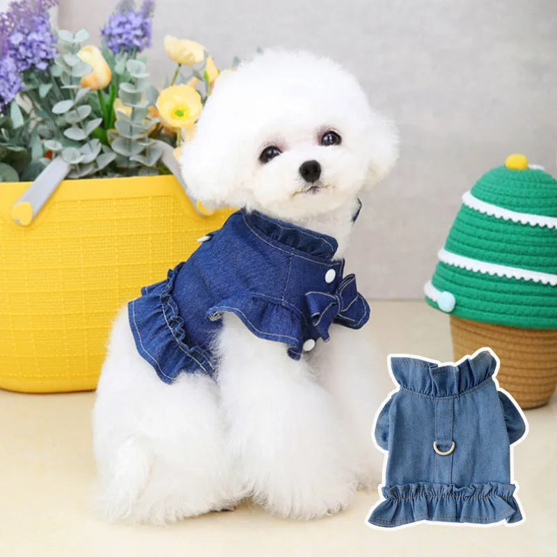 Blue denim pet dress with ruffled vest design for dogs and cats showing chest and back coverage