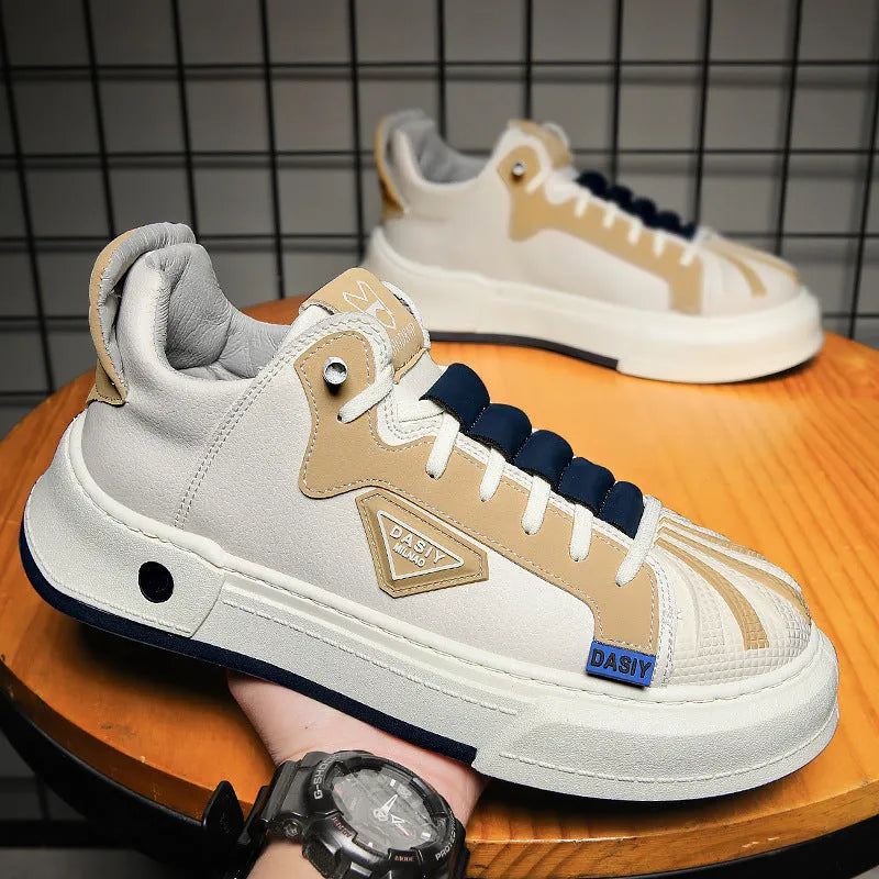 Men's beige low-top sneakers with elastic band fastening and round toe design
