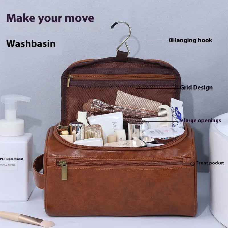 Large capacity waterproof cosmetic bag in multiple colour options including black, navy blue, beige, and brown