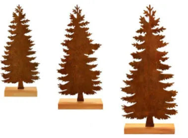 Three rusty metal Christmas decorations featuring elk and trees on a wooden surface