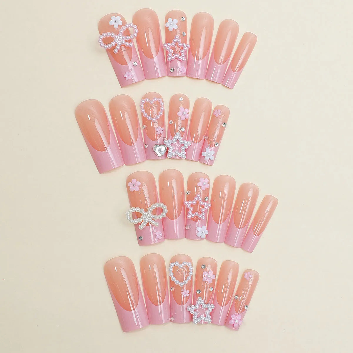 French manicure nail tips with spot drill bow design and super long water pipe shape in XB-70-48 colour
