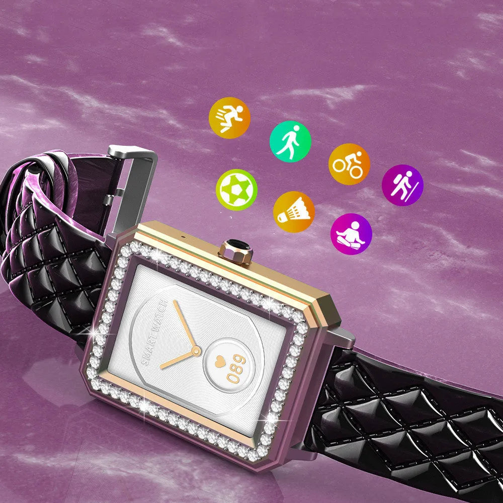 Women's smart bracelet with colour touchscreen on a genuine leather wrist strap.