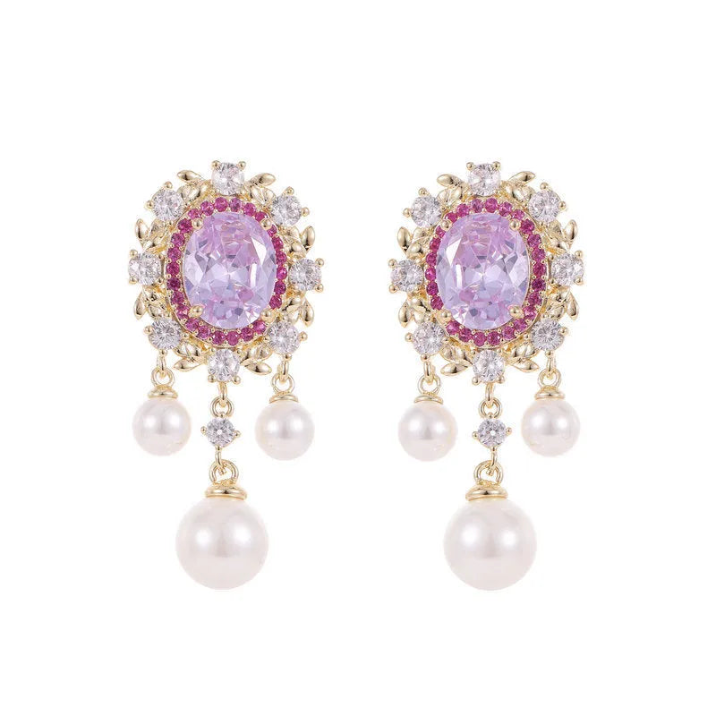 Oval geometric earrings with zircon inlay and pearl tassels in light purple colour