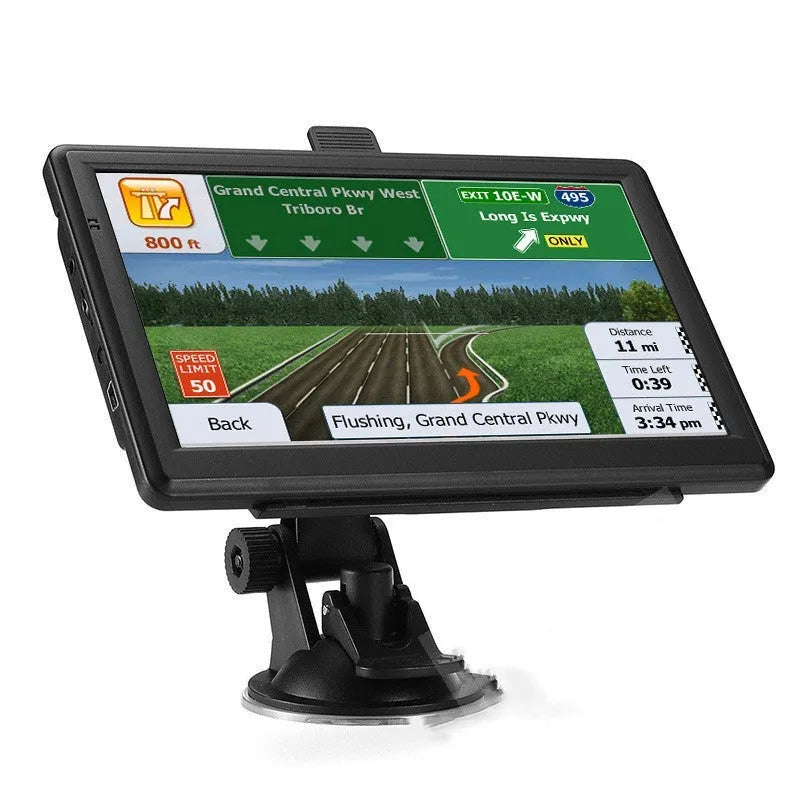 7-inch car GPS navigation device with touchscreen displayed on car dashboard with mounting bracket