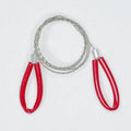 Black and red portable steel wire survival saw with leather carrying case, shown extended to its 70cm length.