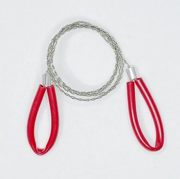 Black and red portable steel wire survival saw with leather carrying case, shown extended to its 70cm length.