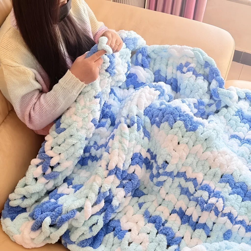 Chenille knitted blanket with braided texture in modern style showing colour options and size range