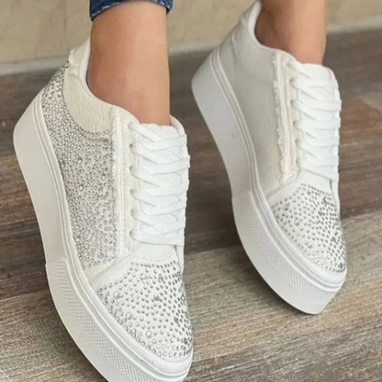 Women's black casual trainers with rhinestone decoration and lace-up front