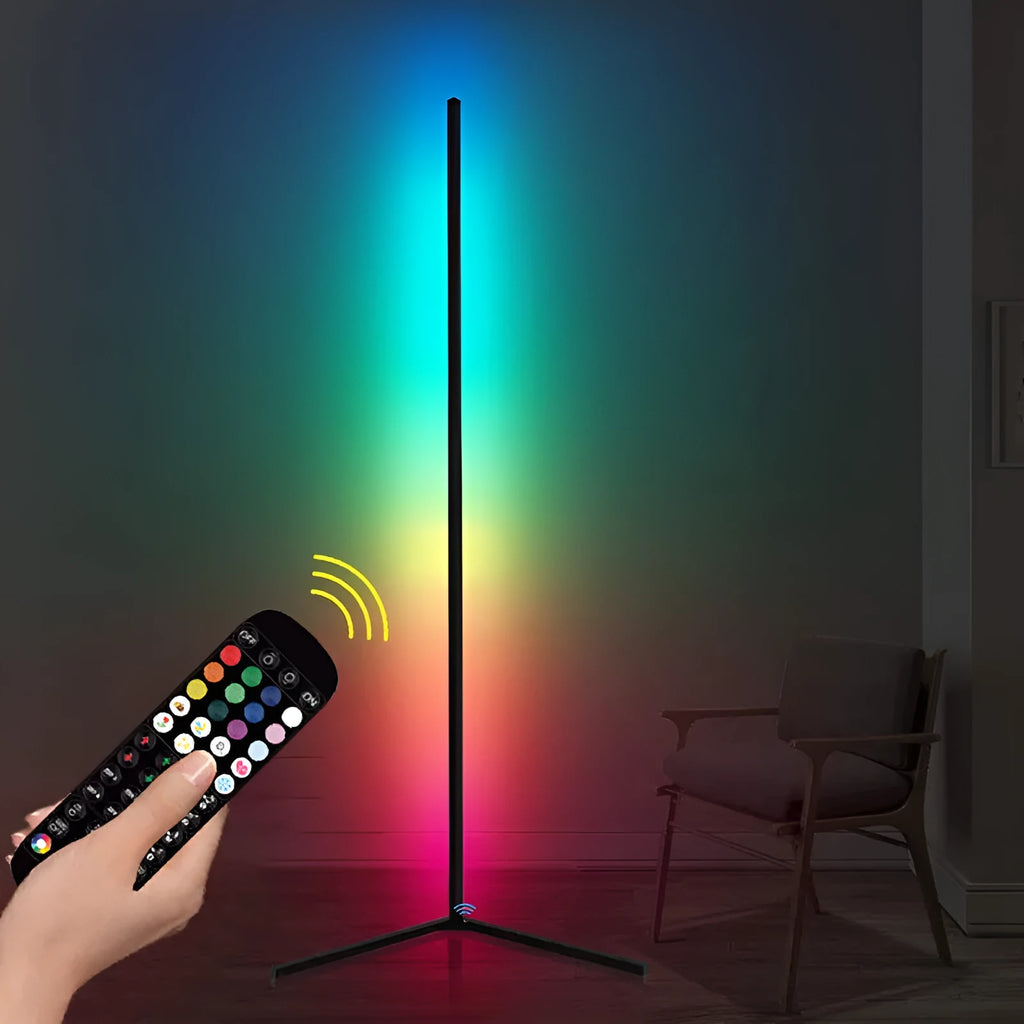 Black smart RGB atmosphere floor lamp with aluminium alloy body and silicone shade